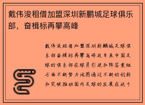 戴伟浚租借加盟深圳新鹏城足球俱乐部，奋楫标再攀高峰