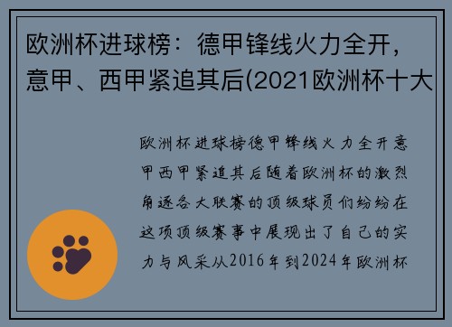 欧洲杯进球榜：德甲锋线火力全开，意甲、西甲紧追其后(2021欧洲杯十大进球)
