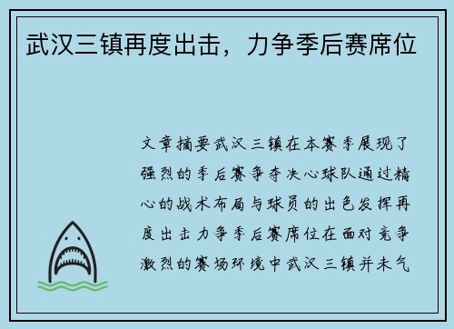 武汉三镇再度出击，力争季后赛席位